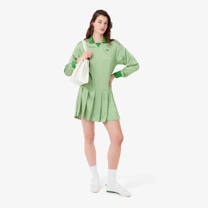 プリーツサテンポロワンピース プリーツサテンポロワンピース