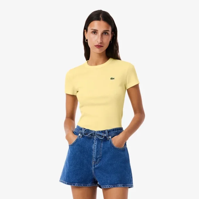 レディース スリムフィット リブ編みコットンTシャツ レディース スリムフィット リブ編みコットンTシャツ